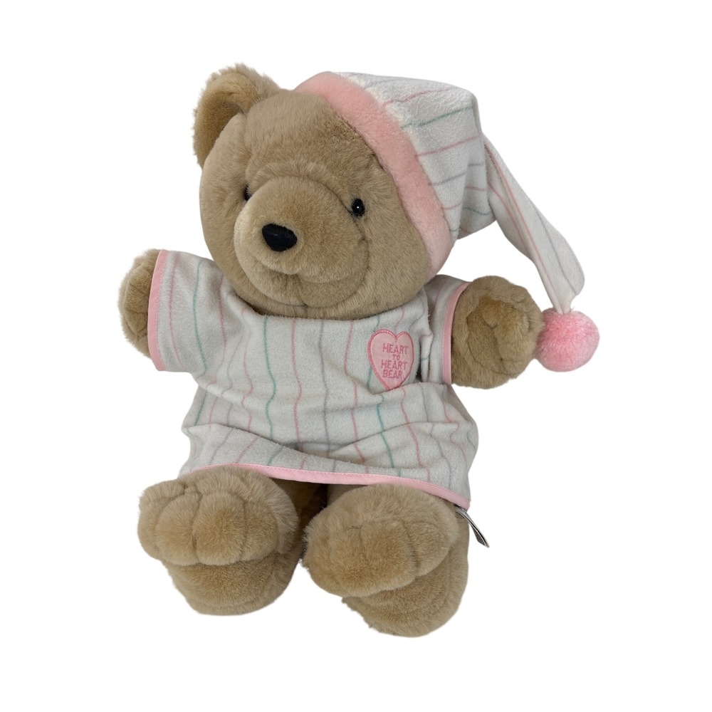 VTG 1986 Chosun Heart to Heart Bear Plush 18in Striped Nightgown PJs Hat TESTED